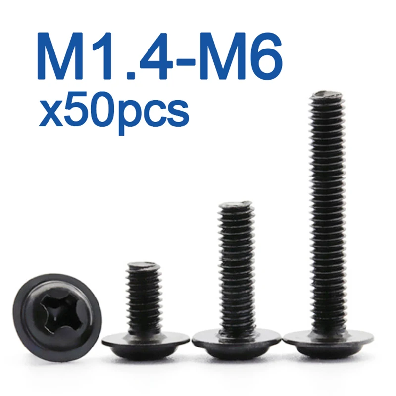 50pcs/lot PWM Black Pan Head Screws  with Washer M1.4 M2 M2.5 M3 M 3.5 M4 M5 M6 Fixed Motherboard Screws With Pad DIN967