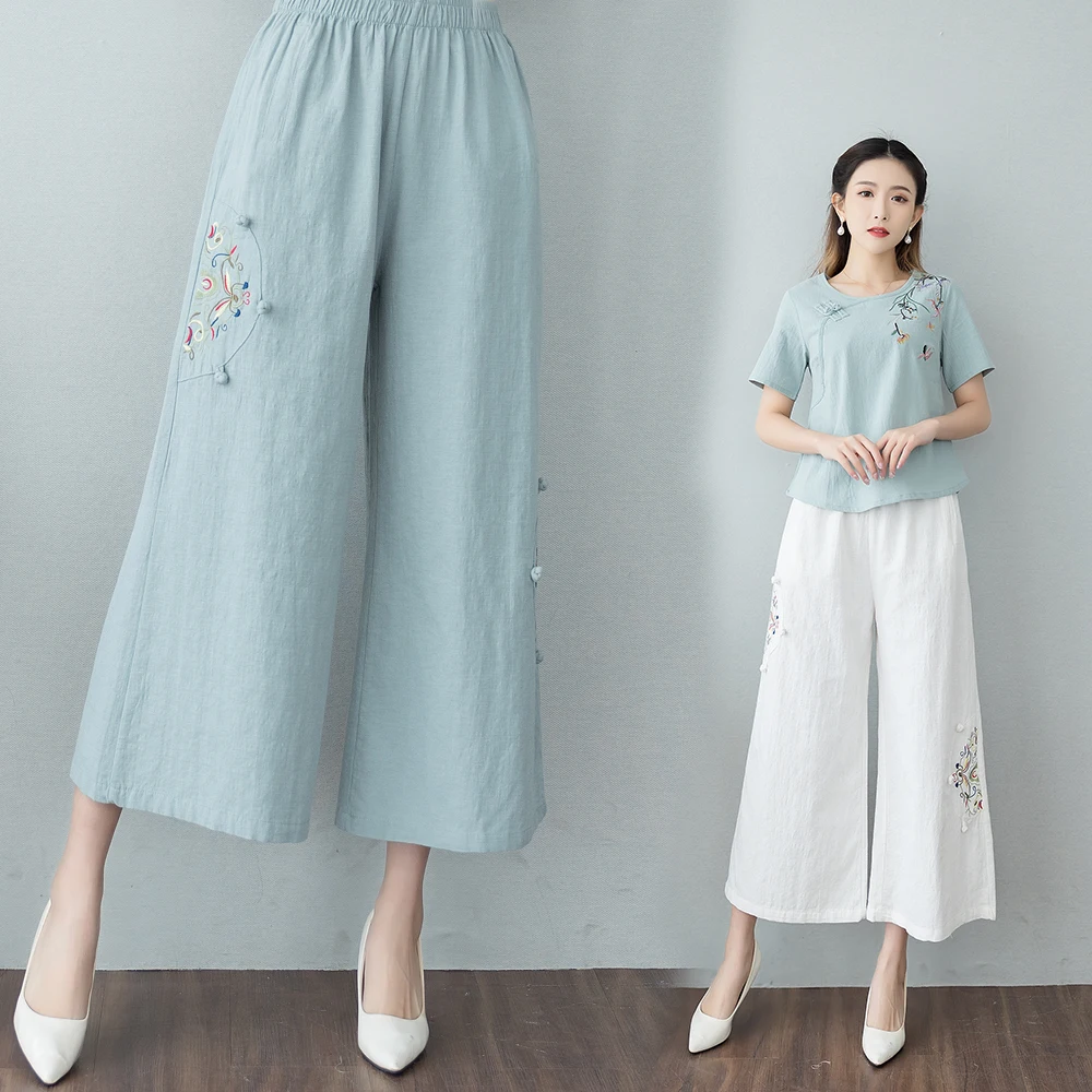 Ethnic Clothes Chinese Traditional Cotton Linen Cropped Pants Ladies Retro Vintage Clothes For Women Wide Leg Trousers Low Waist