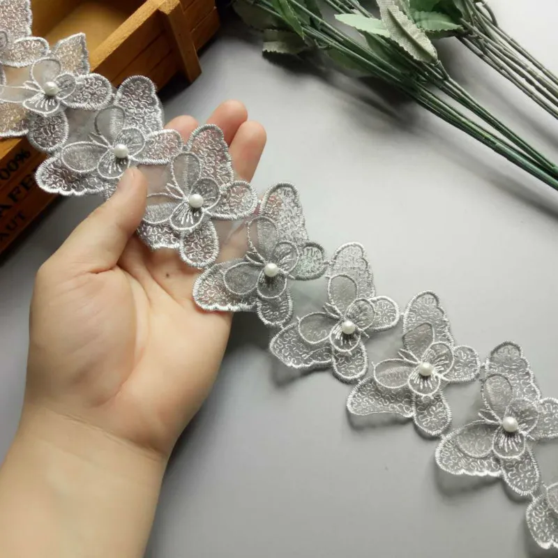 1 yard 3D Gray Butterfly Bowknot Pearl Embroidered Lace Trim Fabric Lace Ribbon Handmade DIY Sewing Craft For Costume Hat