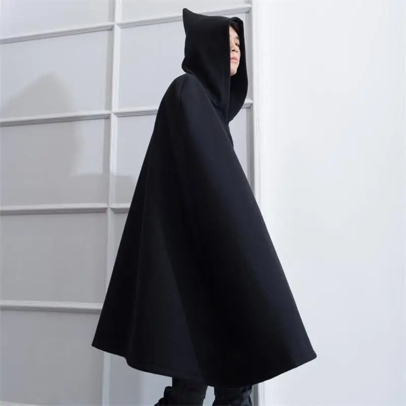 

Men's coat winter fashion men's medium long hooded bat woollen coat men's loose wizard's cape cape woollen coat