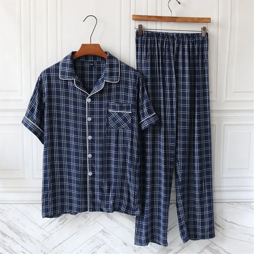 Pyjama à carreaux pour hommes, ensemble deux pièces, pantalon à manches courtes, en coton, décontracté, Service à domicile, vêtements de nuit