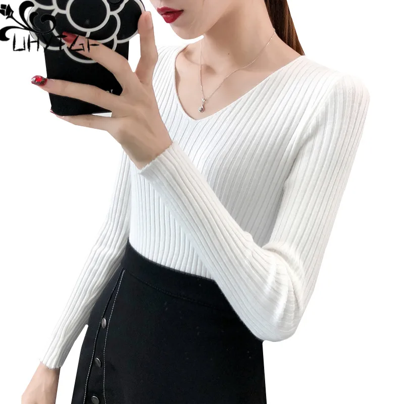 

UHYTGF Special wholesale women autumn sweater V-neck pullover Elasticity Knit sweater female Long sleeve slim short sweaters 752