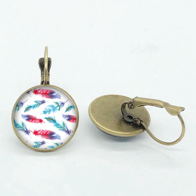 New Colorful Peacock Bird Feather Earring Charm Feather Image Round Glass High-End Earrings Women's Accessories Wholesale