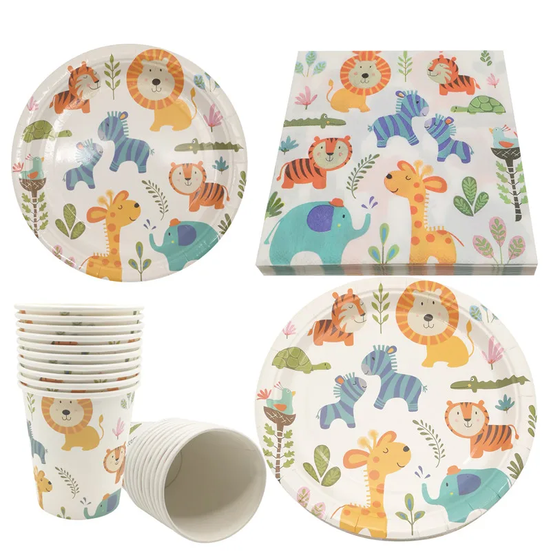 

JQSYRISE Jungle Animals Birthday Party Paper Plate Cup Napkins Disposable Tableware Baby Shower Kids Safari Party Decor Supplies