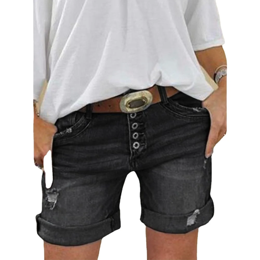 Pantalones cortos de mezclilla para mujer, Vaqueros rasgados con botones, Sexy, de talla grande, de verano