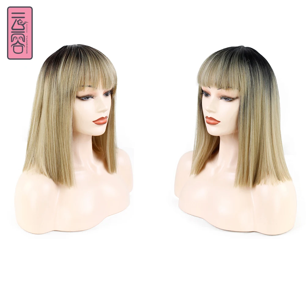 YunRong Restyleable Ombre Synthetic Wig With Bangs Black Roots Blonde Hair Wigs For Woman Heat Resistant Fiber Synthetic Hair