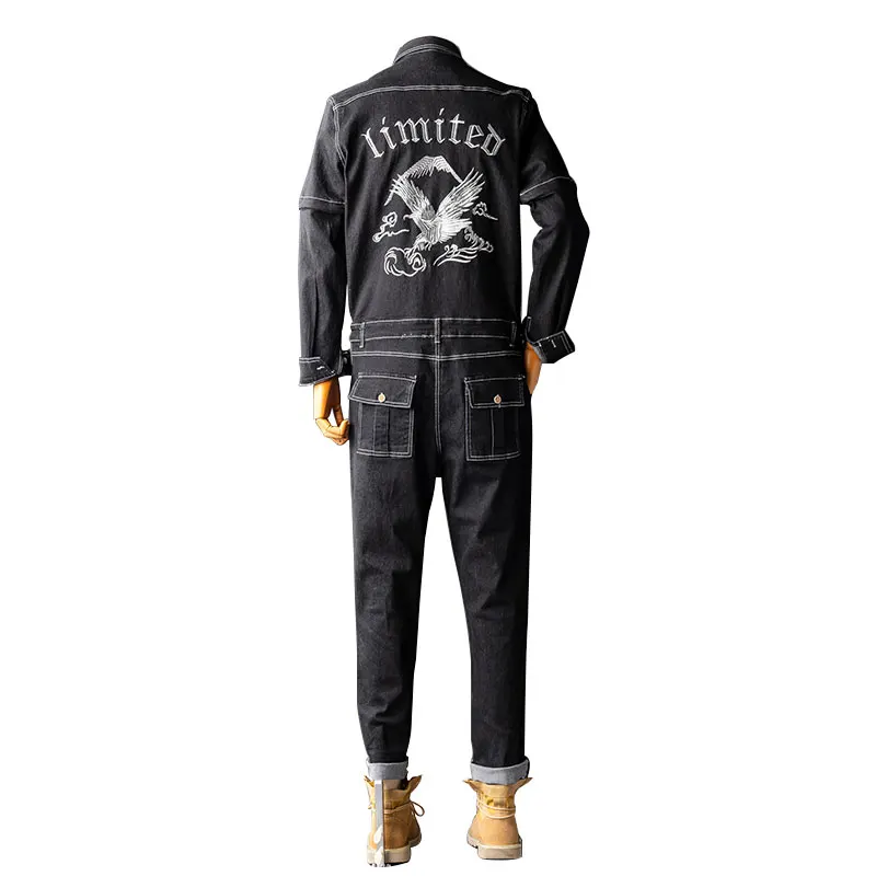 Spring Jeans Overalls Men Denim Jumpsuits Retro Lapel Removable Long Sleeve Animal Embroidery Street Casual Pants Black Trousers