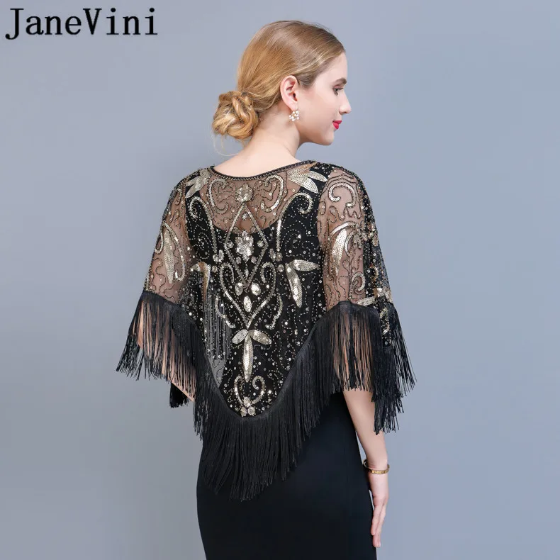 JaneVini 2020 Fashion Black and Gold Sequins Wedding Capes Luxury Beading Women Pullover Tassel Party Bridal Wrap Jacket Boleros