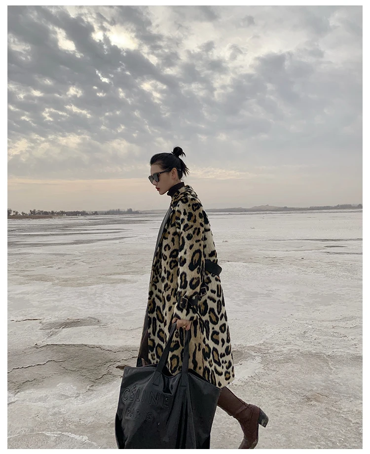 Lautaro Winter Long Leopard Print Warm Fluffy Faux Fur Trench Coat for Women Long Sleeve Double Breasted European Fashion 2021