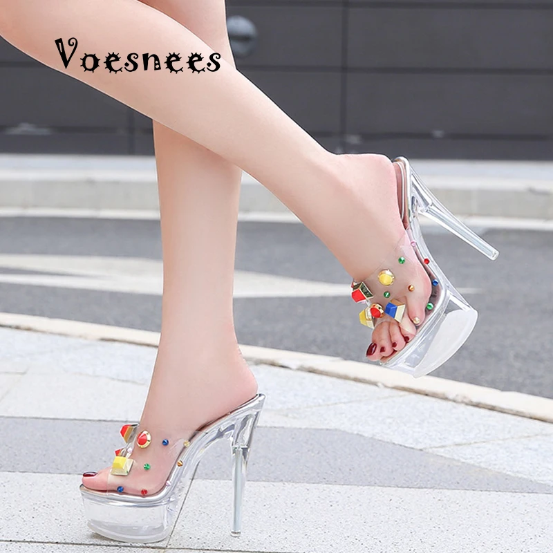 Transparent Women's Shoes 2020 Summer Roman Style Stiletto Waterproof Platform Super High Heel14CM Open Toe Color Rivet Sandals