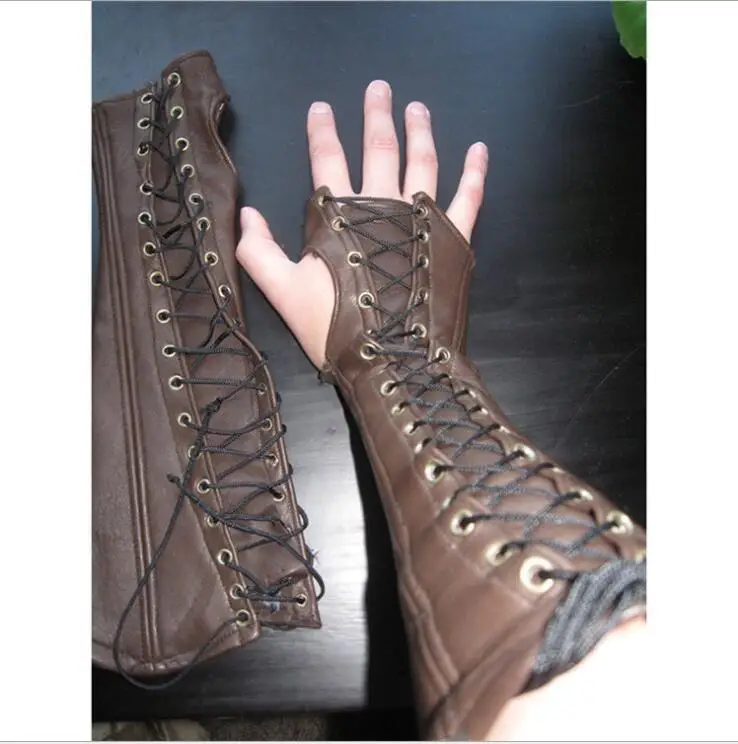 ยุคกลางเกราะถุงมือ Cuffs กว้าง Bracers ผู้ชายนักรบ Steampunk ถุงมือ Renaissance Knights Templar หนัง Lace-Up สายรัดข้อมือ