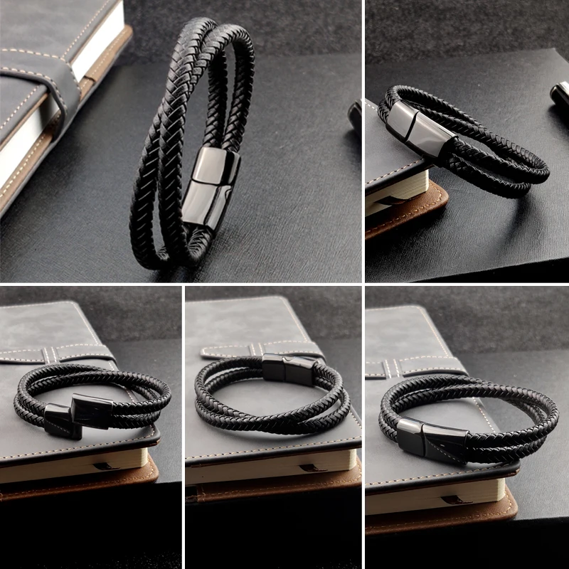 Punk Charm Customize Name black/brown/blue/coffee Braided Leather Bracelet For Men Engraved Stainless Steel For Women Jewelry