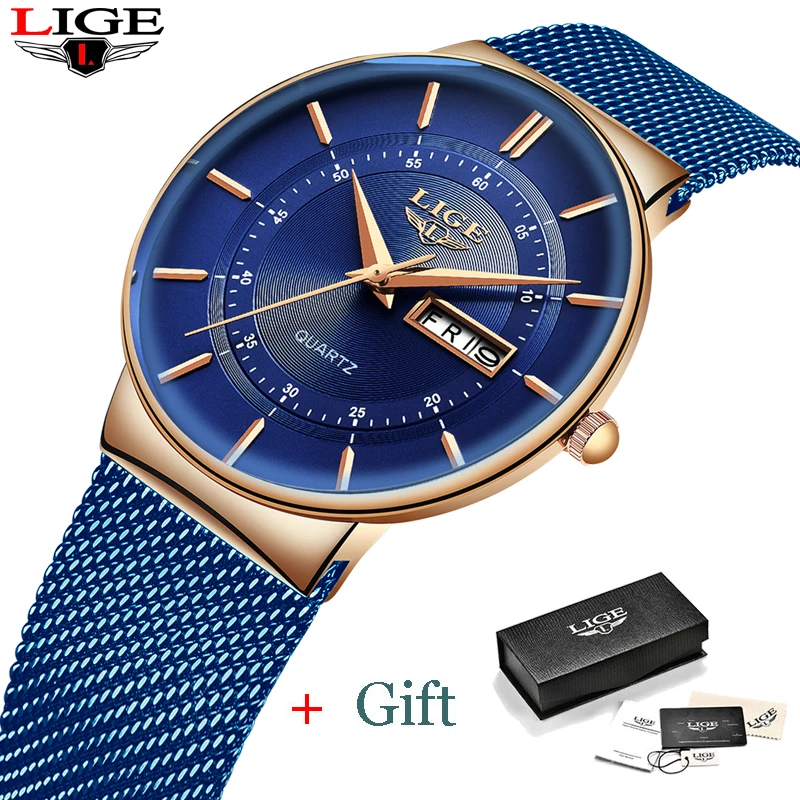 LIGE Women Watches Luxury Brand Ultra-thin Calendar Week Quartz Watch Ladies Clocks Mesh Stainless Steel Waterproof Reloj Mujer