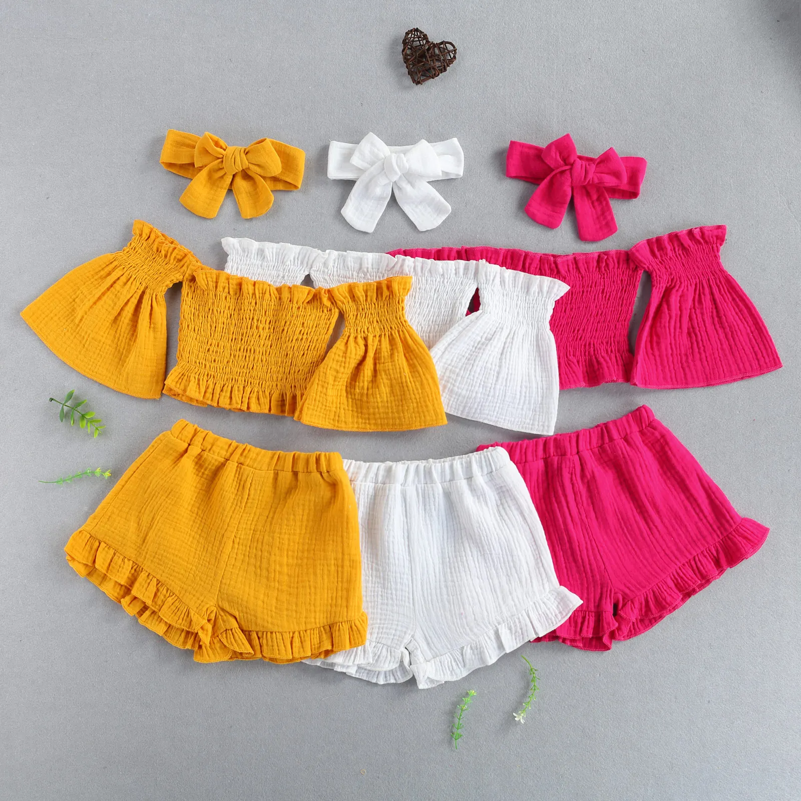 2021-02-27 Lioraitiin 3Pcs Set 1-6Years Toddler Baby Girl Summer Fashion Clothing Long Sleeve Solid Top Shirt Shorts Headband