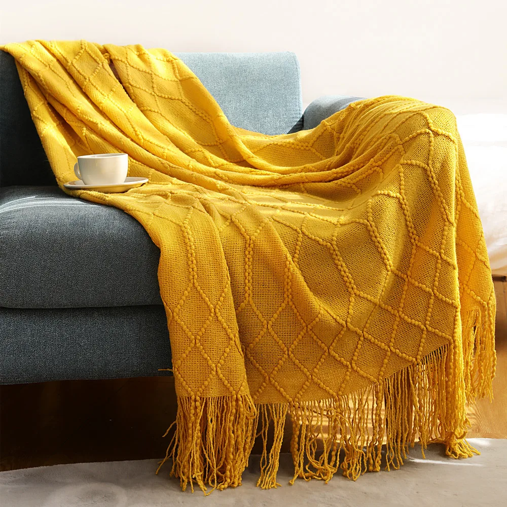 Inyahome Tassel Knitted Office Throw Blankets Textured Chunky Solid Soft Sofa Bed Couch Decorative Knit Plaids Home Sofa Decor