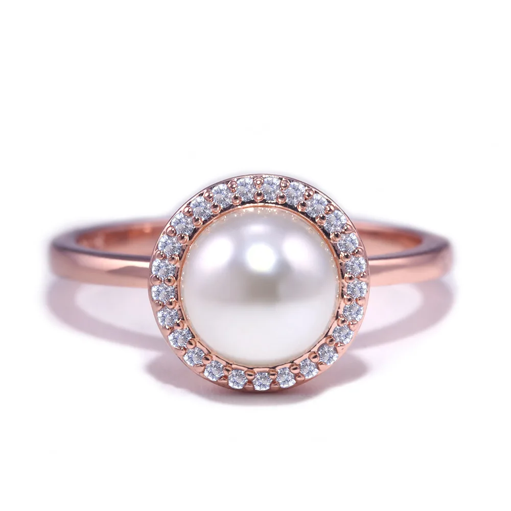 Fashion Zircon Rose Gold Plated Pearl Ring Charm Lady Ring Elegant Girl Jewelry Cocktail Ring Birthday Gift Size Us6-10