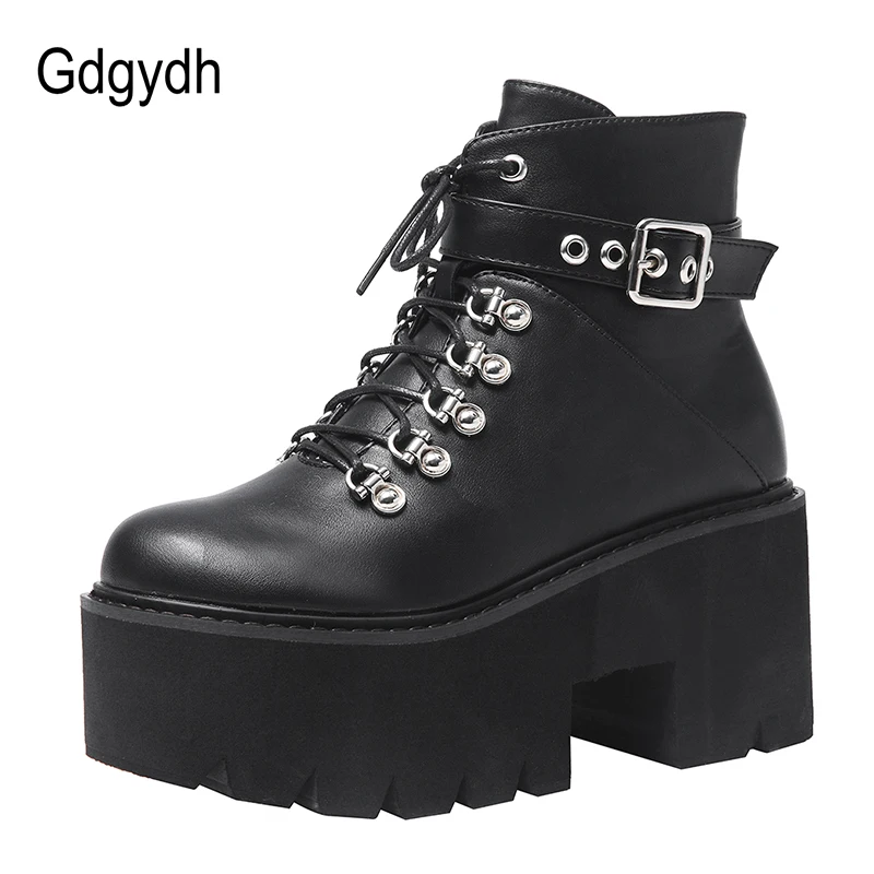 Gdgydh Autumn Winter Chunky Heel Platform Boots Lace-up Black Gothic Boots Women Plush Inside Comfortable Sexy Buckle Footwear