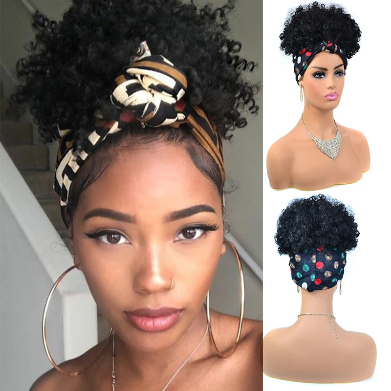 Fluffy Scarf Headband Wigs for Black Women Natural Short Afro Kinky Curly Headwrap Wig Heat Resistant Synthetic Deep Curly Wig