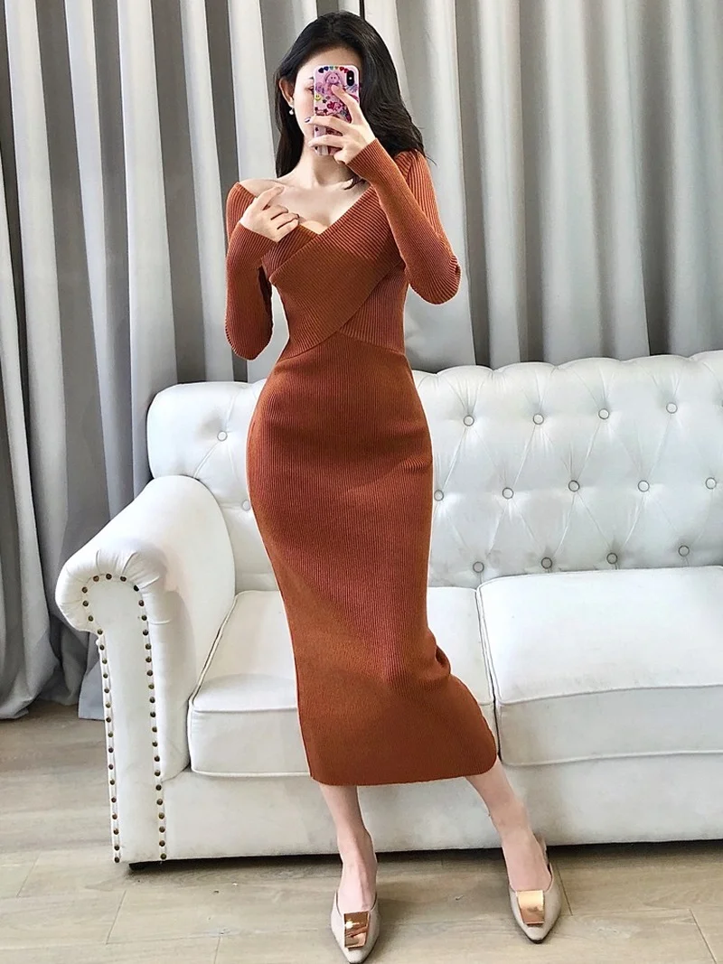 Vestidos Mujer Elegante Sexy Herbst Kreuz V Langarm Gestrickte Kleid Bodycon Dame Stretch Schlank Festen Boden Pullover Mode