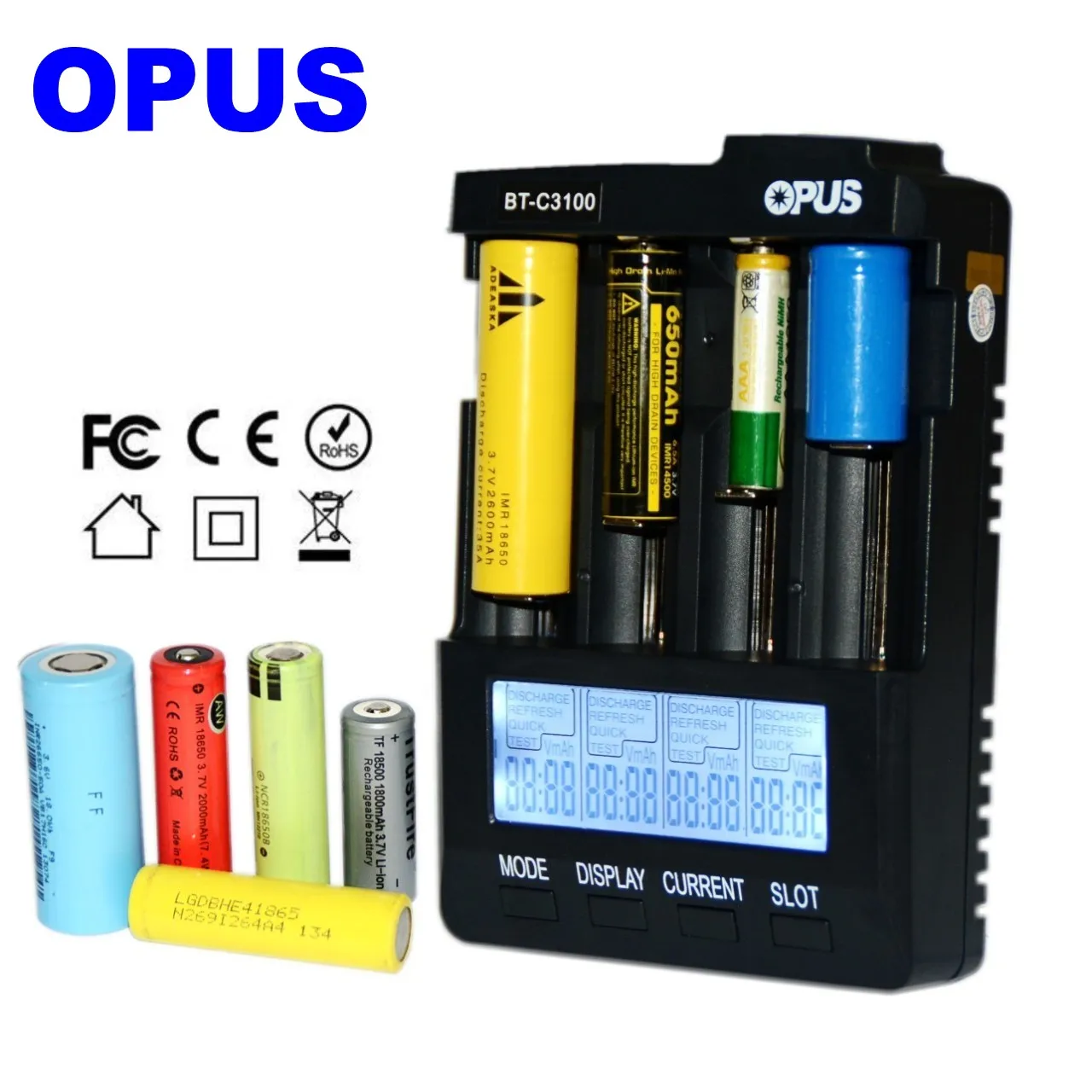 Opus BT-C3100 V2.2 Digital Intelligent 4 Slots LCD Battery Charger For Li-ion NiCd NiMH AA AAA 10440 14500 18650 17335 17500 Rec