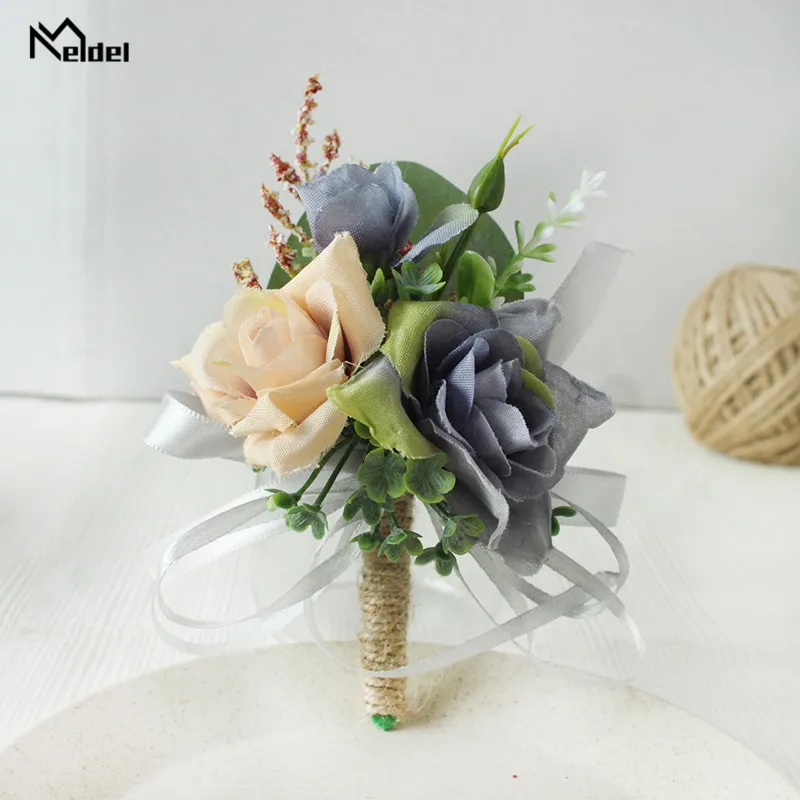 Meldel Boutonniere Corsage แต่งงานสร้อยข้อมือ Bridesmaids สีขาวเจ้าบ่าว Boutonniere ดอกไม้ Corsages และ Boutonnieres เข็มกลัด