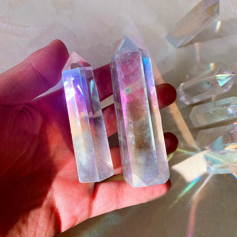 

1pc Natural Crystal Clear Quartz Electroplate Hexagonal Column Rainbow Point Polished Wand Crystals and Stones Healing Gift