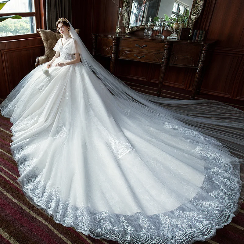 Vestido de novia de manga corta con cuello en V, vestido de fiesta largo hasta el suelo, con apliques de encaje de tul de marfil, tren de la campana, foto Real hecha a medida