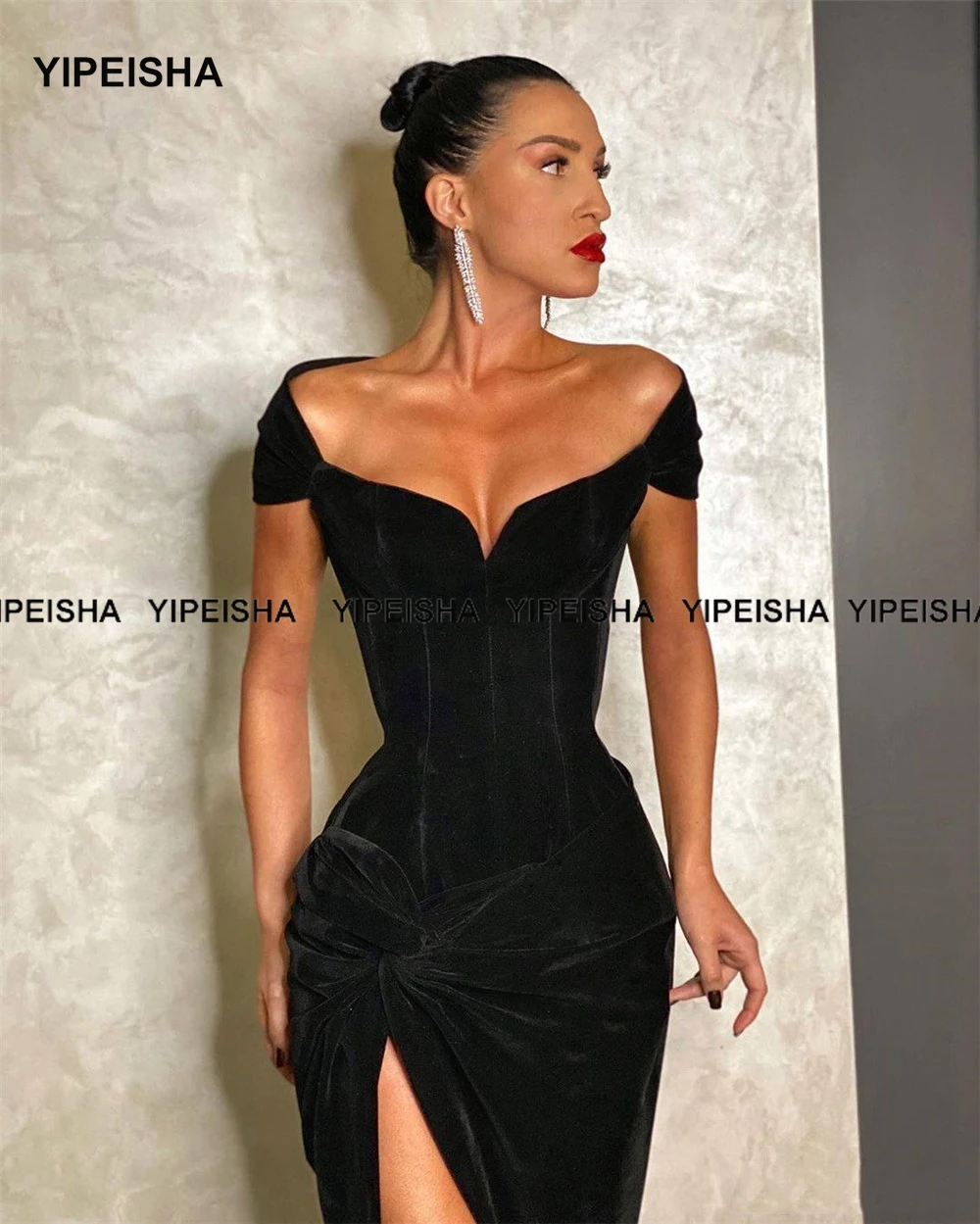 Yipeisha-Robes de Rhen velours sirène noir, plis sexy, robe de soirée à fente haute, mancherons, fête d'anniversaire, tout ce qui est fait sur mesure