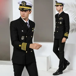 International Navy Trend Uniform Yacht Ship Sea Service Captain Clothing Seaman Dinner Costume Suit and Men Woolen Trench Coat