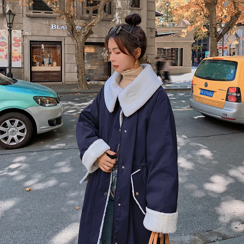 

Snordic S-2XL Women Autum Winter Thicken Patchwork Long Lamb Wool Parkas Cotton Coat Jacket Drawstring-waist Overcoat