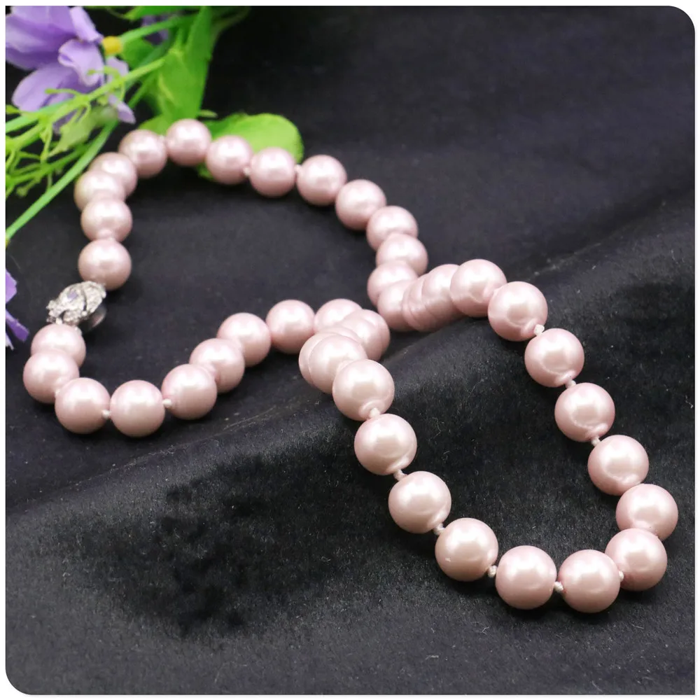 10mm Pink Round Shell Pearl Necklace Women Girls DIY Accessories Fashion Jewelry Making Design Rose Clasp Hand Mand Ornaments