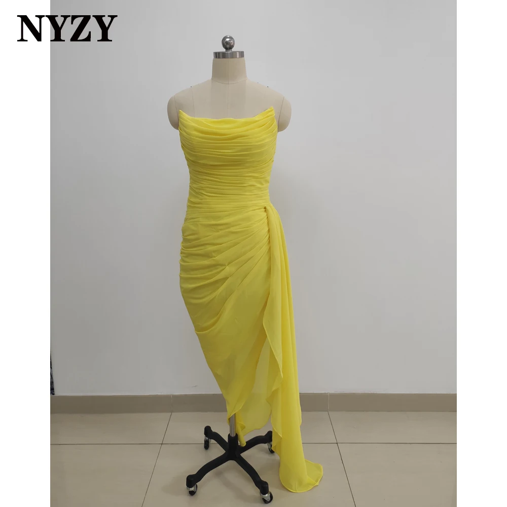 

NYZY E385 Real Sample Pictures Chiffon High Split Yellow Evening Dresses 2021 Short Prom Party Dress Cocktail Dresses