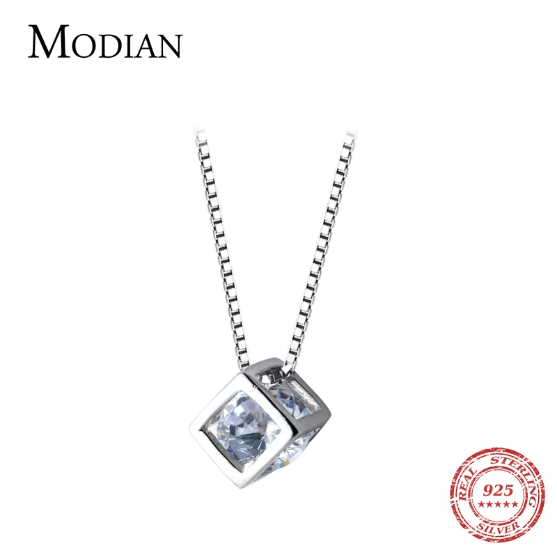 Modian Real 925 Sterling Silver Solid square Clear CZ Swing Pendant Necklace for Women Chain Necklaces Design Wedding Jewelry