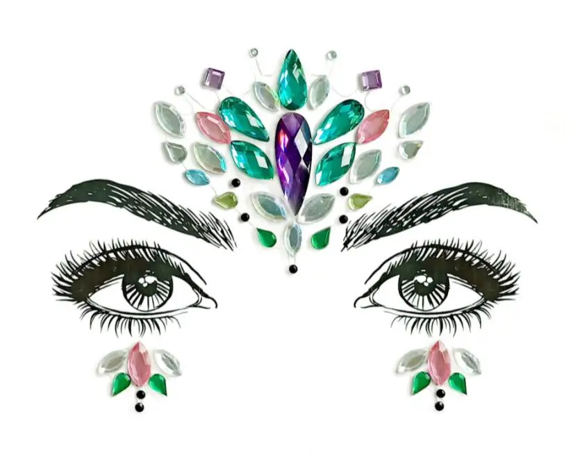 translations face tattoo Women Fashion sticker Make Up Adhesive Temporary Tattoo Body Art Gems Rhinestone Stickers for Festival