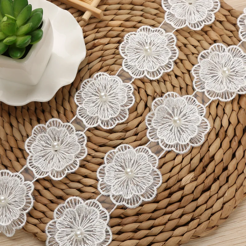 

20Yards 55mm Wide Fabric Flowers Embroidered Lace Trim White Ribbon Pearls Applique DIY Curtains Dress Clothing Sewing Decor