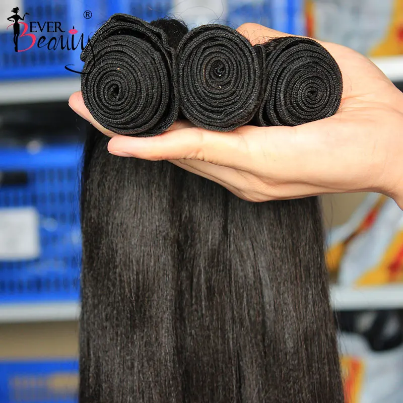 Coarse Yaki Straight Bundles Human Hair Bundles With Closure Brazilian 100% Human Hair Weave Extensions Virgin Hair Ever Beauty