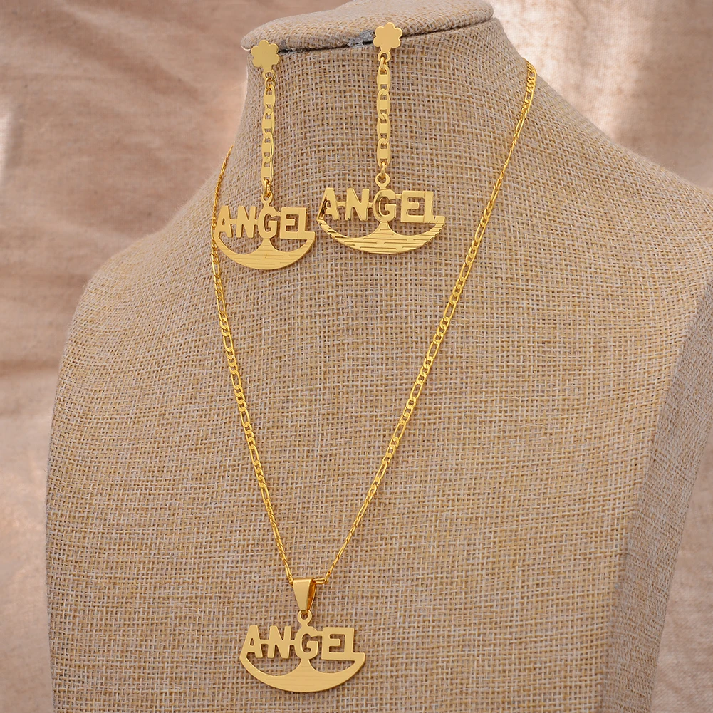 

Dubai Arab Letter Angel Gold Color Jewelry Set For Women Ethiopian Necklace/Earring Middle East African Wedding Jewelry Gifts