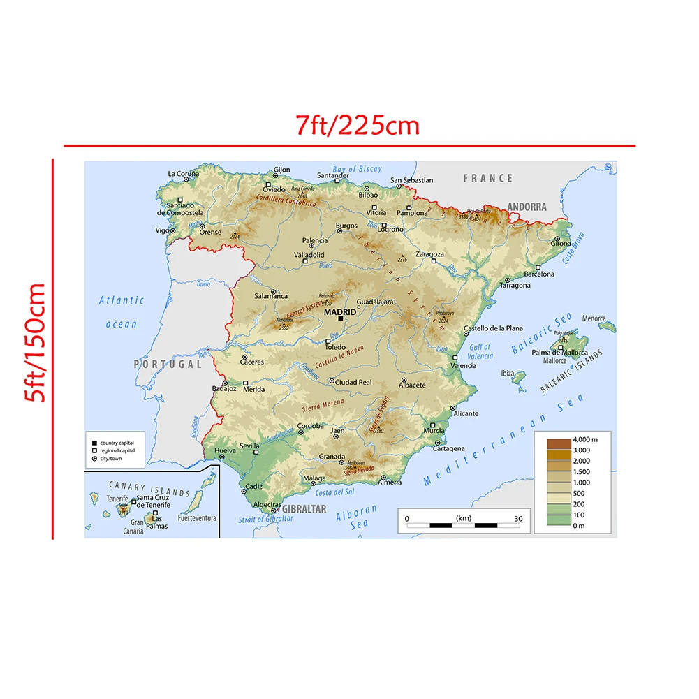 Lienzo de tela no tejida para decoración del hogar, póster de pared con mapa otográfico de España con ciudades importantes, suministros escolares, 225x150 Cm