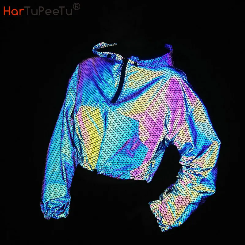 Women Reflective Rainbow Jacket Jogger Crop Top Fish Scale Drawstring Front Pocket Hooded Coat Hip Hop Dance Party Streetwear