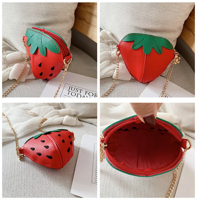 Cute Strawberry Baby Chains Crossbody Bags Lovely Children Girls PU Leather Coin Purse Mini Shoulder Bag Kids Boys Small Wallet