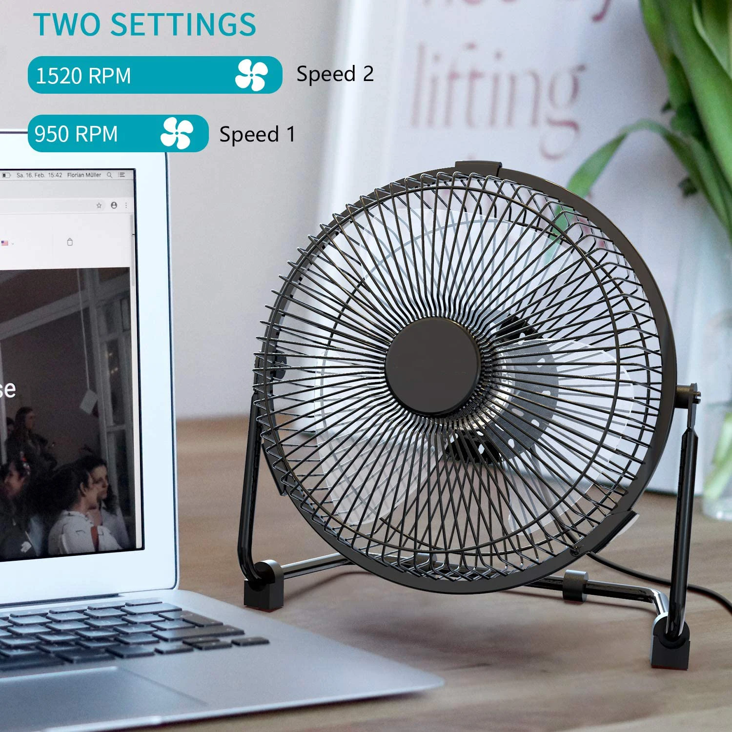 9 Inch Desk Fan USB Powered with USB plug Quiet Portable Fan 2 Speeds Cooling Fan for Home Office Table