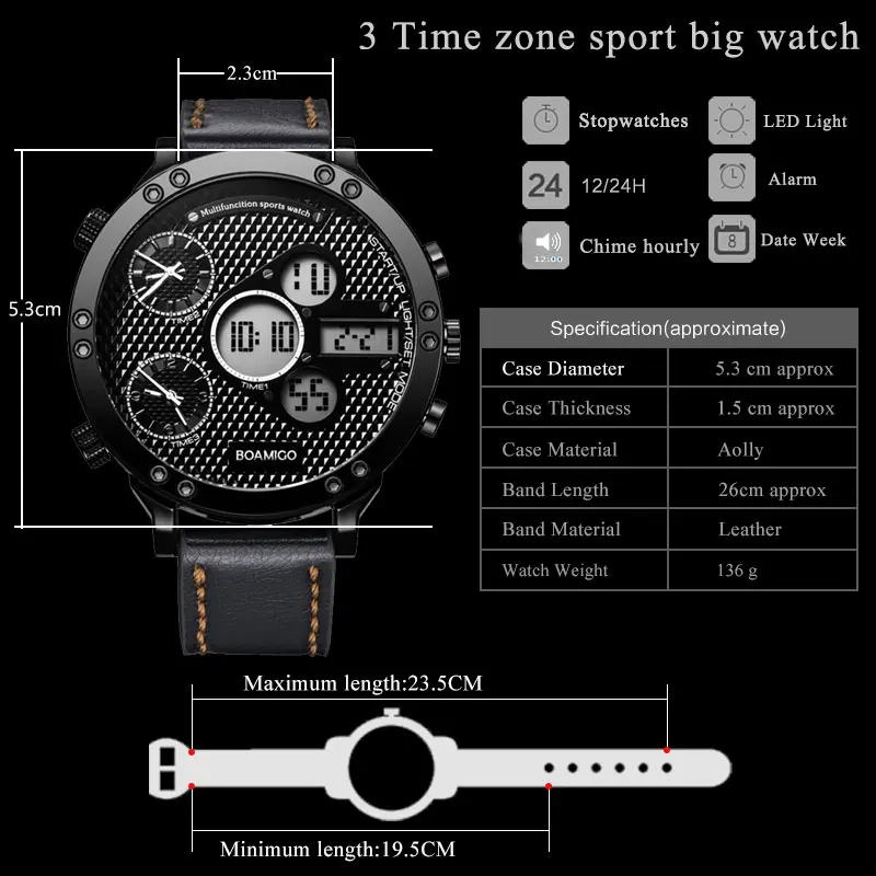 BOAMIGO Mens Military Watches Men Sports Watches Men\'s Quartz LED Digital analog 3 Clock Male brown Blue Wrist Watch waterproof