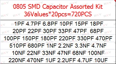 36Values*20PCS=720PCS 0805 SMD Capacitor Assorted Kit 1pF~10uf Component Diy Samples Kit