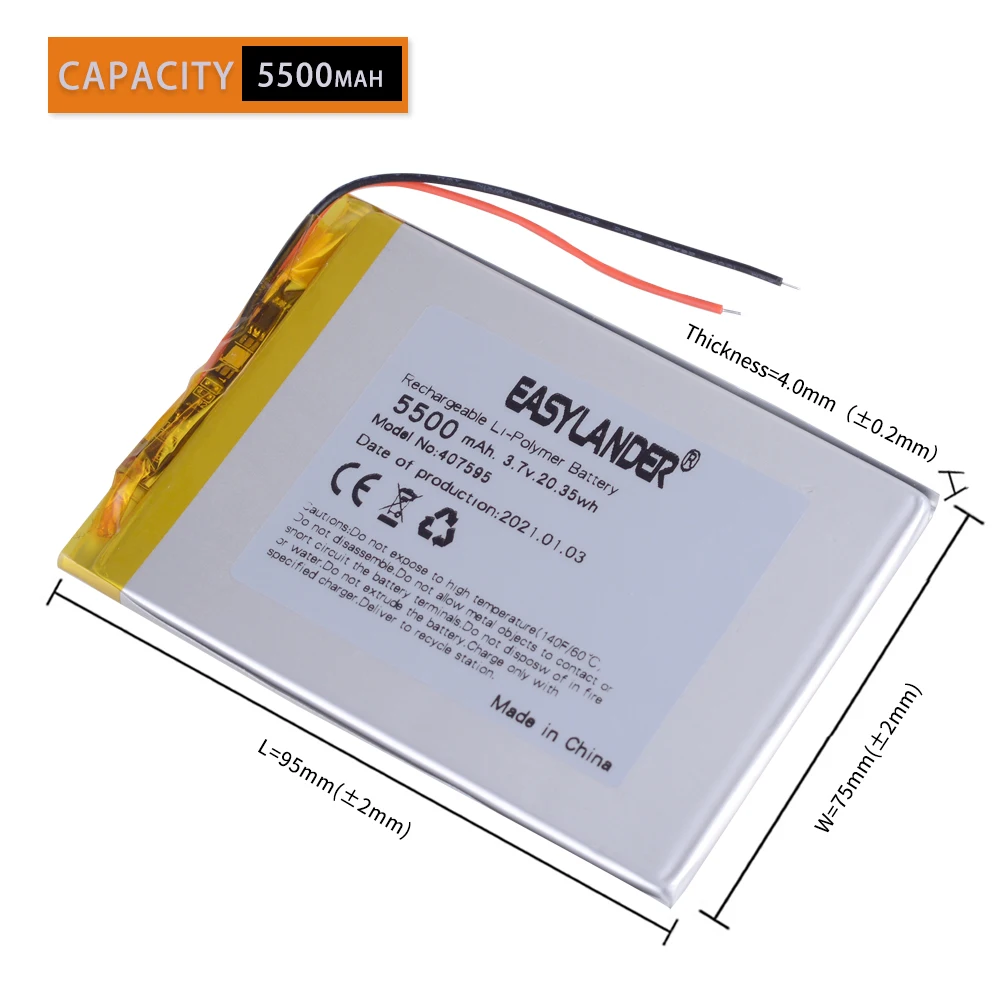 407595 3.7v 5500mah Rechargeable Lithium Li-ion Polymer Battery for android Tablet PC E-Book