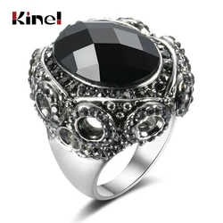 Kinel Vintage Sun Flower Black Opal Oval Big Rings Antique Silver Color Inlay Cubic Zirconia Women Rings Jewelry