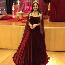 Lorie Saudi Arabic Burgundy Ball Gown Evening Dresses with Cape Velvet Formal Evening Gown Skirt Dubai Prom Gown Long Dresses