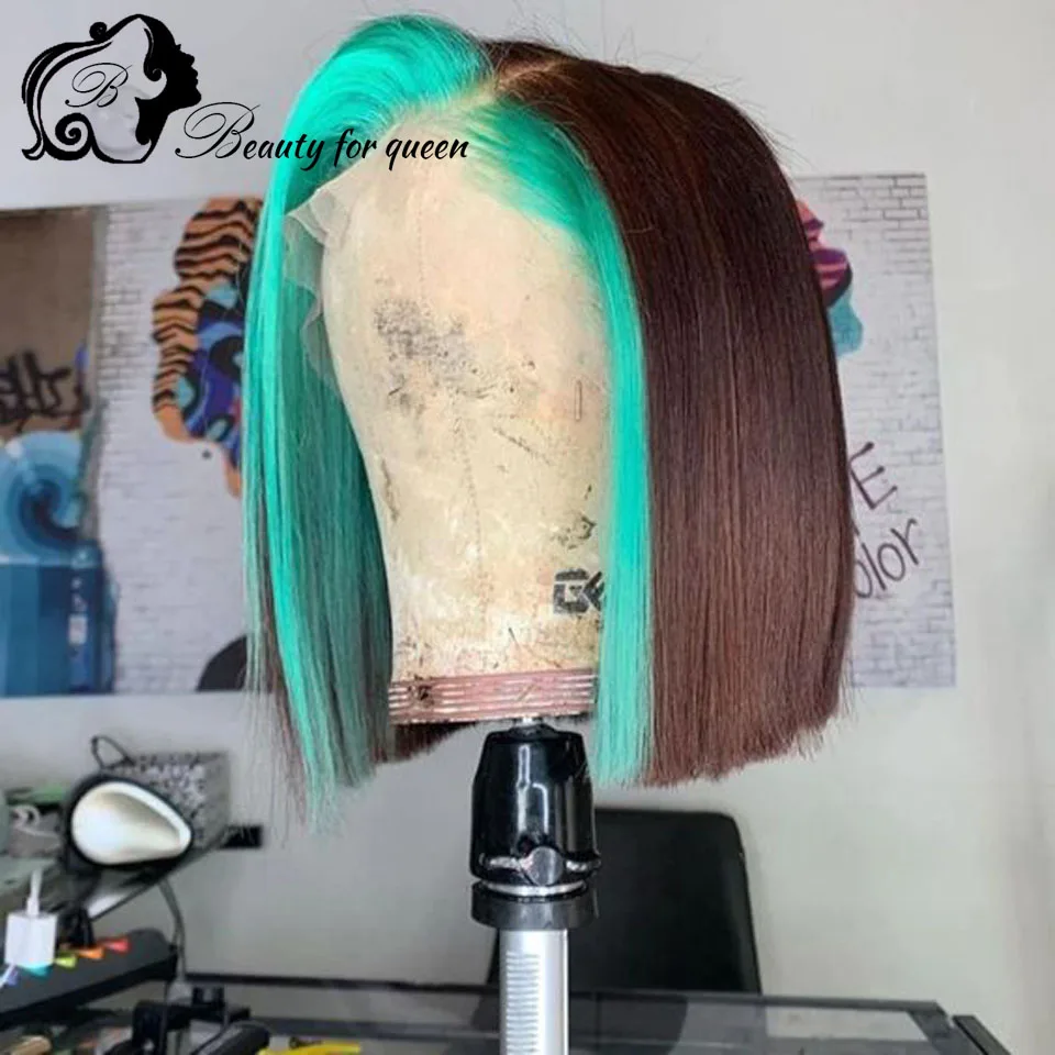 Ombre Brown Short Straight Bob Transparent Lace Front Wig Brazilian Human Hair Wig Highlight Orange Blue Purple Grey For Women