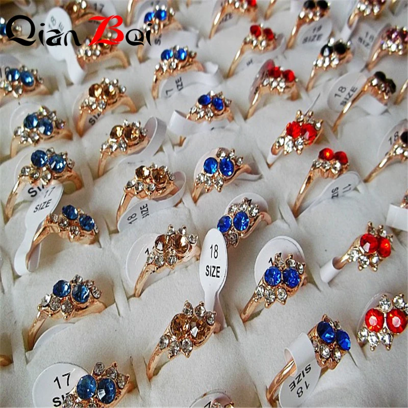 

QianBei Wholesale 50pcs Lots Multicolor Zircon Zinc Alloy Rings For Women Ring Jewelry Flower Pattern Ring