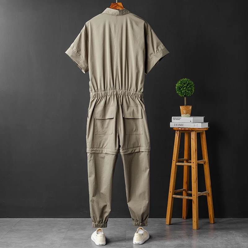 ฤดูร้อนผู้ชายแขนสั้น Jumpsuit Overalls Lapel เข่าที่ถอดออกได้ Hip-Hop Casual Beam ฟุตกางเกงสีเขียวกางเกงขายาวสีดำ