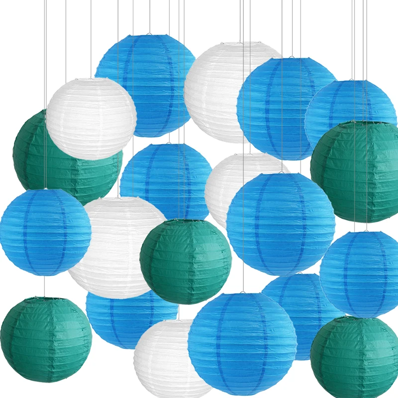 20 pcs Ocean Theme Paper Lantern 8“ 12” Paper Lampion for Wedding Party Cyan-blue Blue White Paper Ball for Hanging Decor Favor